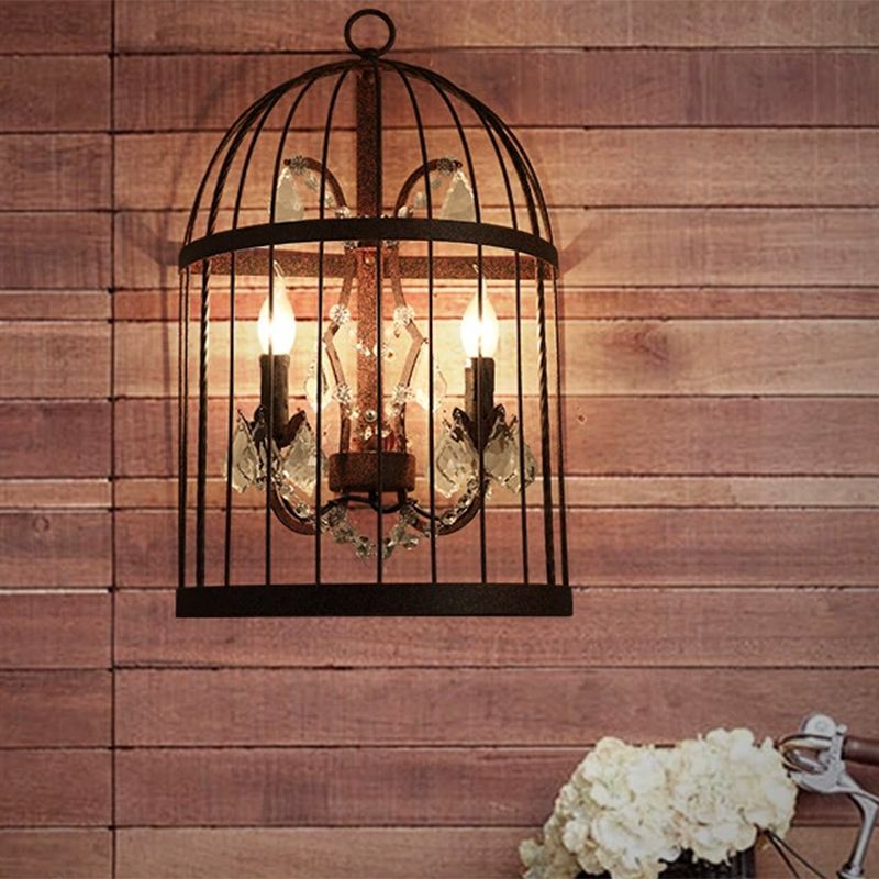 2 Heads Crystal Wall Sconce Industrial Rust Birdcage Living Room Metal Wall Mounted Light