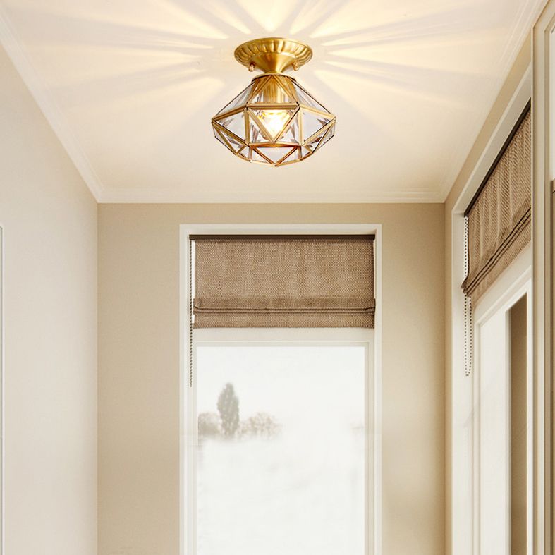 Ceiling Mounted Fixture Classic Style Shaded Glass Close to Ceiling Lighting Fixture in Brass