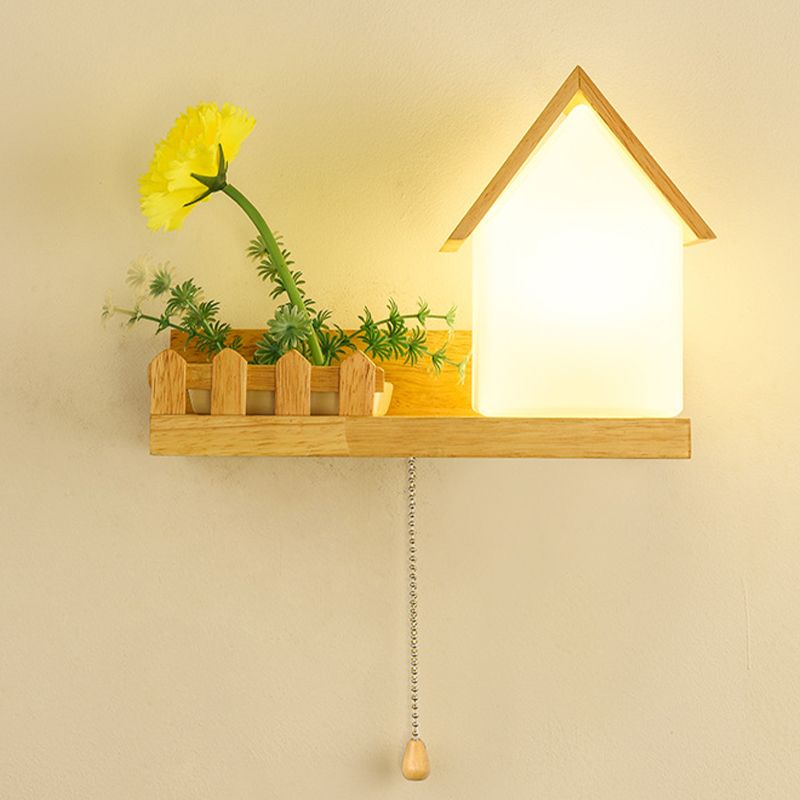 Modern Style House Shape Wall Light Wood 1 Light Sconces for Bedroom without Plant