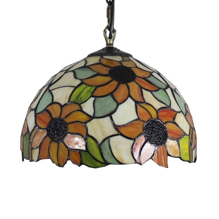 1 Bulb Living Room Hanging Lamp Tiffany Ceiling Pendant Light with Sunflower Orange Cut Glass Shade