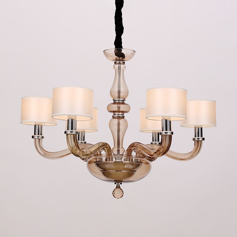 Traditionary Spuntik Chandelier Light 6/8/12 Heads Amber Glass Pendant Lamp Fixture with White Fabric Drum Shade