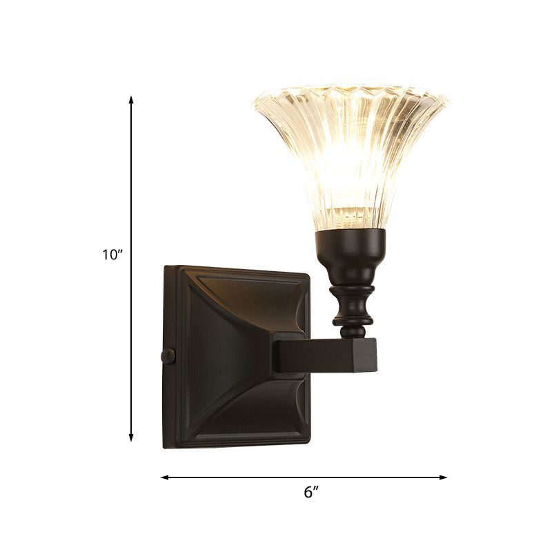 1-Light Wall Mount Lamp Retro Flower Clear Fluted Glass Sconce Light with Clean-Lined Arm in Black for Porch