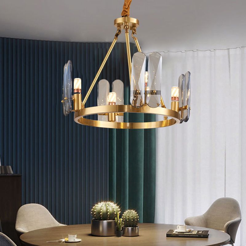 Éclairage de lustre en laiton métallique circulaire 4 têtes modernisme suspension suspendue avec panneau de cristal gris fumé ovale