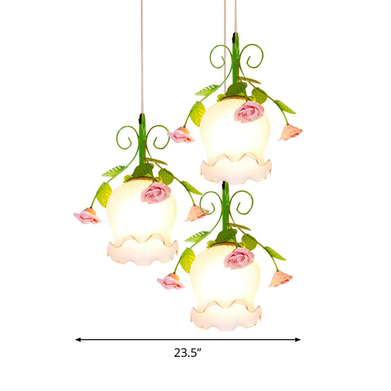 Opal Glass Ruffle Cluster Pendant Pastoral Style 3 Lights Dining Room Suspension Lamp in Green with Round/Linear Canopy