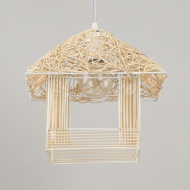 Rattan Woven House Shaped Pendant Country Style Single-Bulb Hanging Ceiling Light