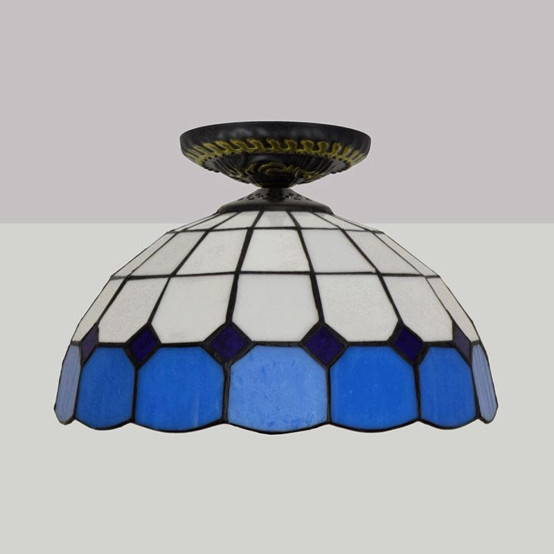 Tiffany Grid Patterned Flush Mount Light 1 Bulb Handcrafted Stained Glass LED Close to Ceiling Lamp in Blue/Orange/Green
