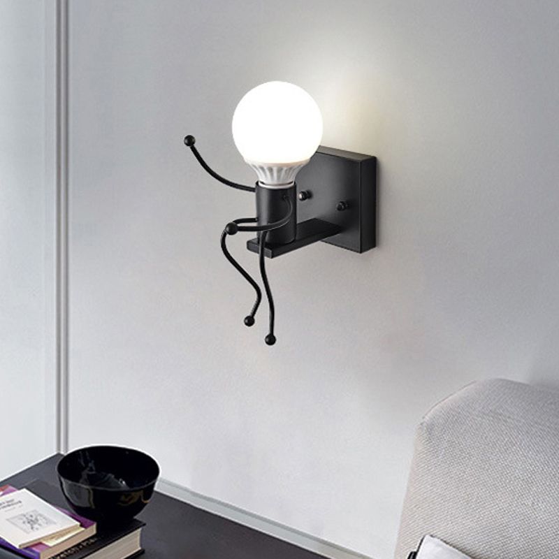 Small Man Metal Wall Sconce Light Art Deco 1/2 Bulb White Mur Mount Light For Kids Room