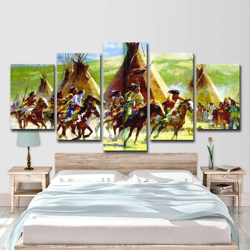 Indian Tribe Hunting Canvas Art Modern Style Multi-Piece Wall Decoration in Green