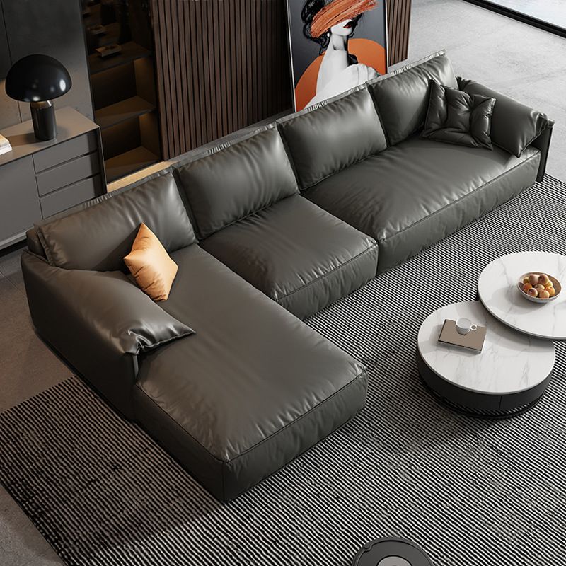 Black Genuine Leather Cushion Back Sectionals 70" Wood Stationary Sectionals