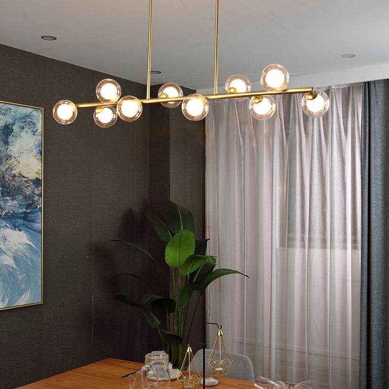 Modern Metal Ceiling Light Linear Shape Island Light with Glass Shade in Black and Gold