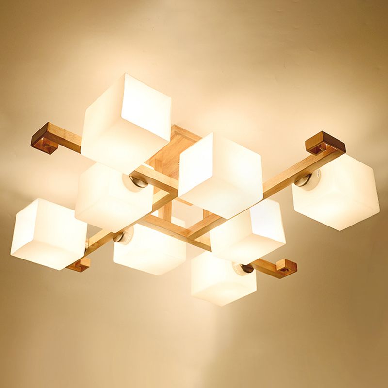 Modern Creative Indoor Semi Flush Mount Wooden Sputnik Ceiling Light with White Glass Shade