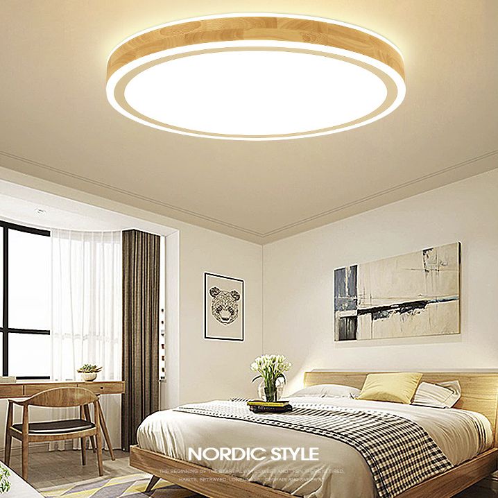 Wood Round Flush Mounted Lighting Fixture Nordic Beige LED Ceiling Flush Mount