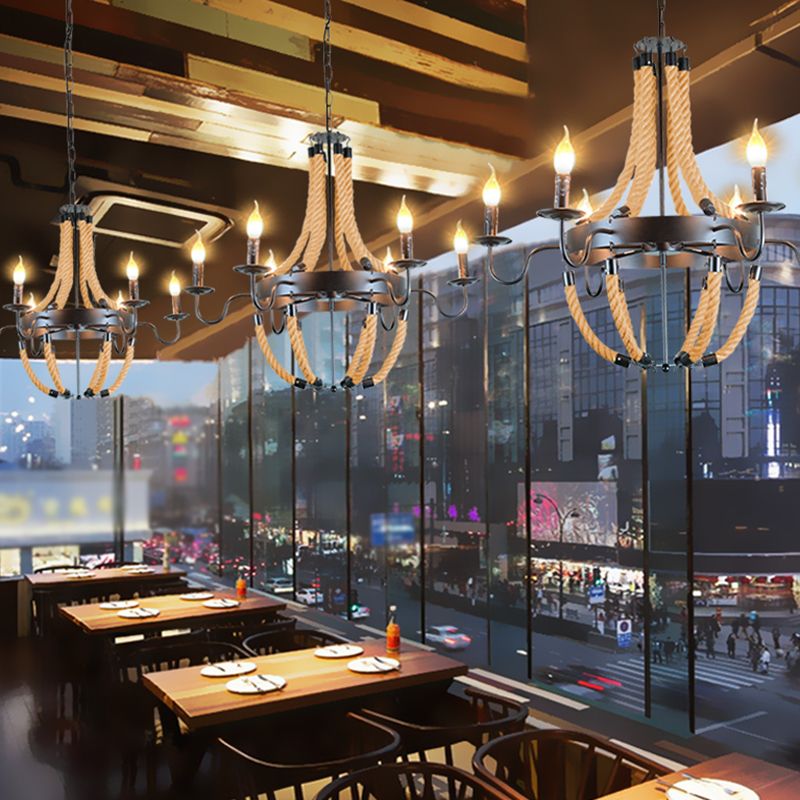 Black Finish Candle Shape Chandelier Light Industrial Rope Style Hanging Pendant Lamp with 39" Adjustable Chain
