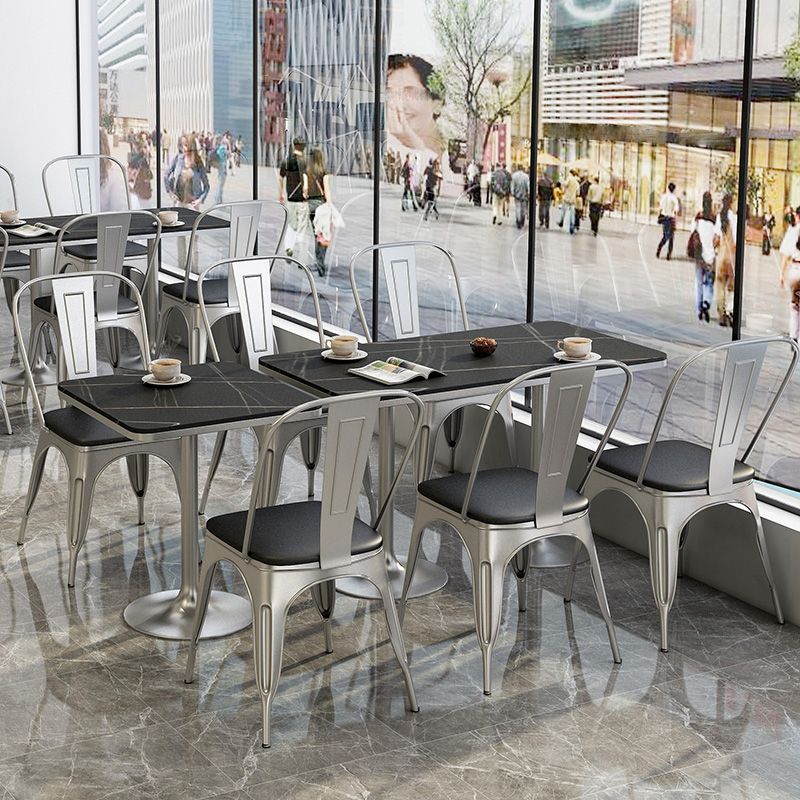 Mesa de comedor de piedra sinterizada de estilo industrial, mesa cuadrada y rectangular con base metálica para el hogar