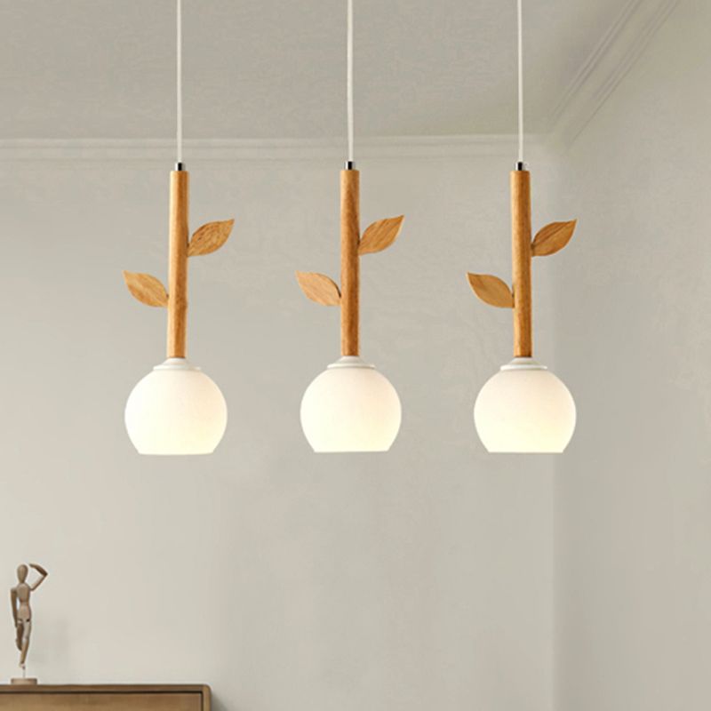 Rustic Style White Pendant Lamp Flower Shape 3 Lights Glass Ceiling Pendant with Wood Leaf for Kitchen