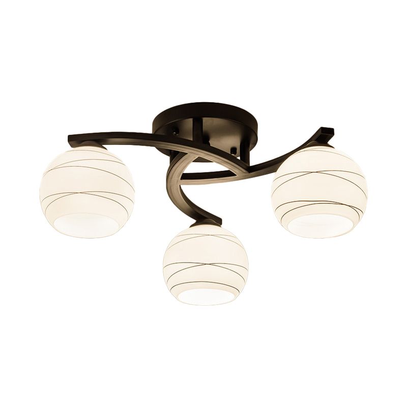 Luz semi empotrada esférica de vidrio blanco tradicional de montaje en techo de 3/5/8 luces negras para pasillo