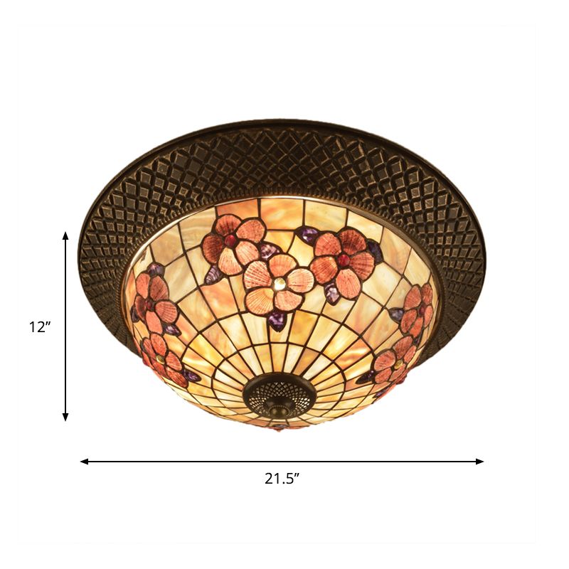 Bronze Cap Shape Flush Light Tiffany LED Shell Flush Mount Ceiling Fixture with Trellis Pattern