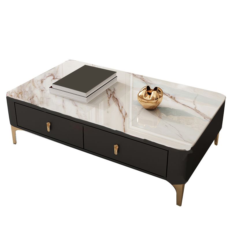 Glam Rectangle Stone Coffee Table Single 4 Legs Coffee Table with Storage Drawers