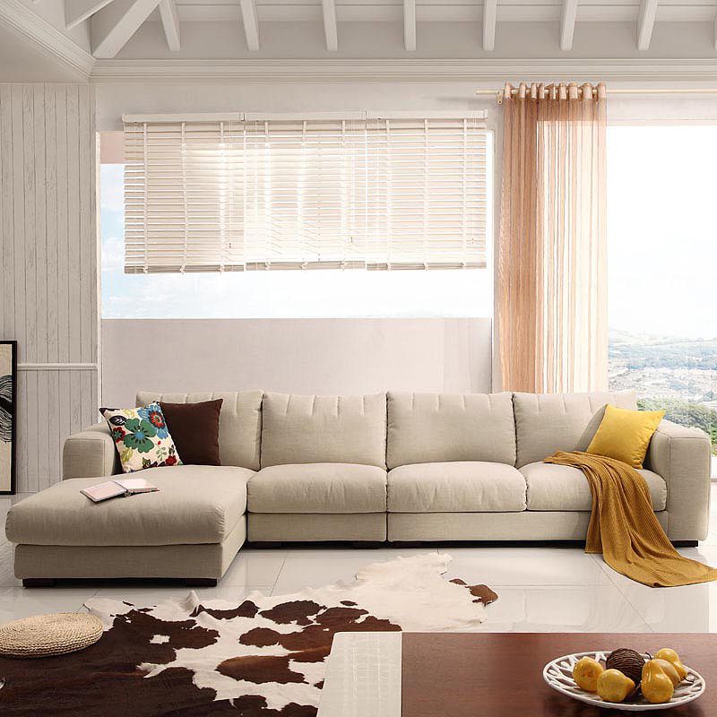 Modern Cotton Stationary Sofa 4-seat Square Arm Sofa & Chaise