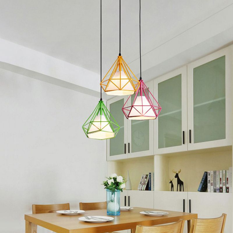 4-Color Optional Metal Cage Hanging Light Single Bulb Diamond Shaped Bedroom Lighting Fixture