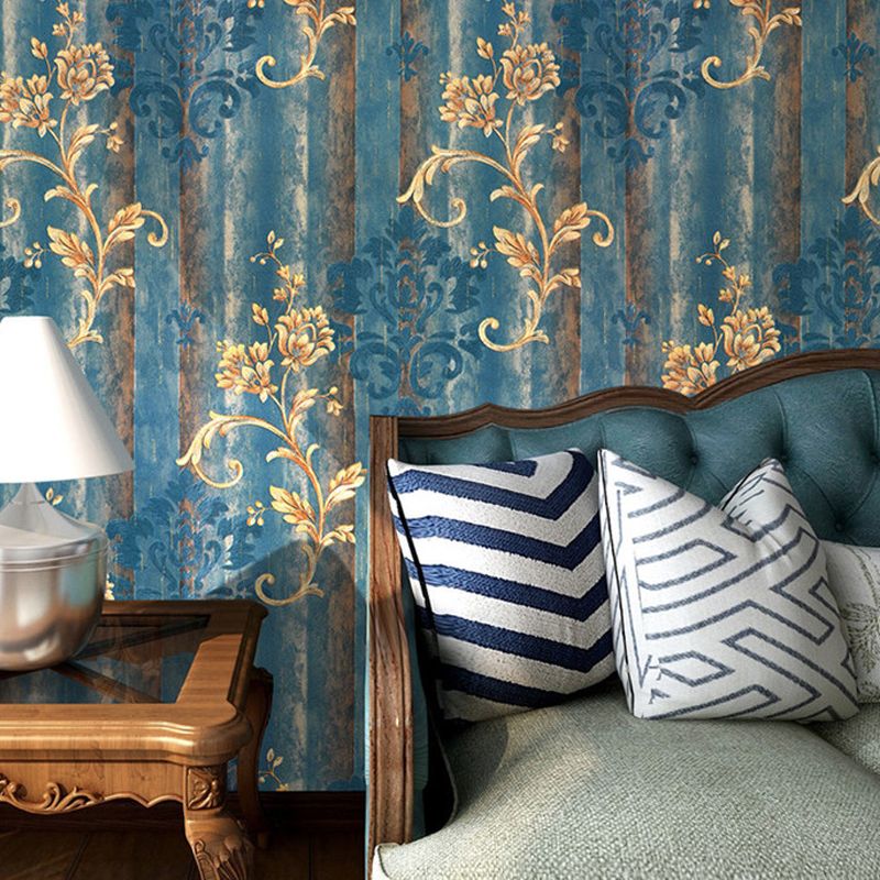 Satin Moisture Resistant Wallpaper European Flower Printed Wall Art in Antiqued Blue