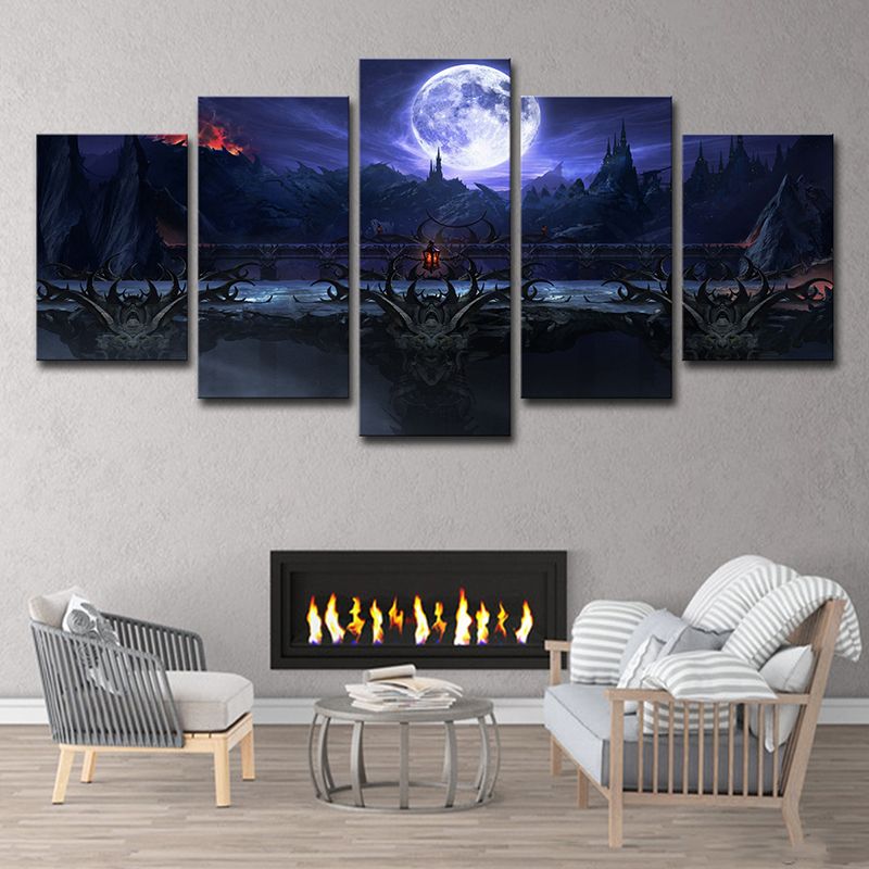 Game Scene Wall Art Kids Gloomy Full Moon Castle Night Canvas Print in Dark Blue