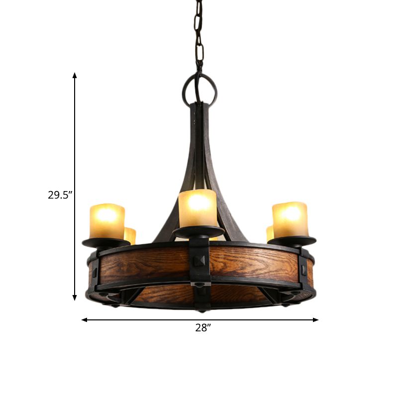 Zwarte buis kroonluchter lamp traditionele beige glas 6 lichten eetkamer hangend licht armatuur met ronde houten ontwerp