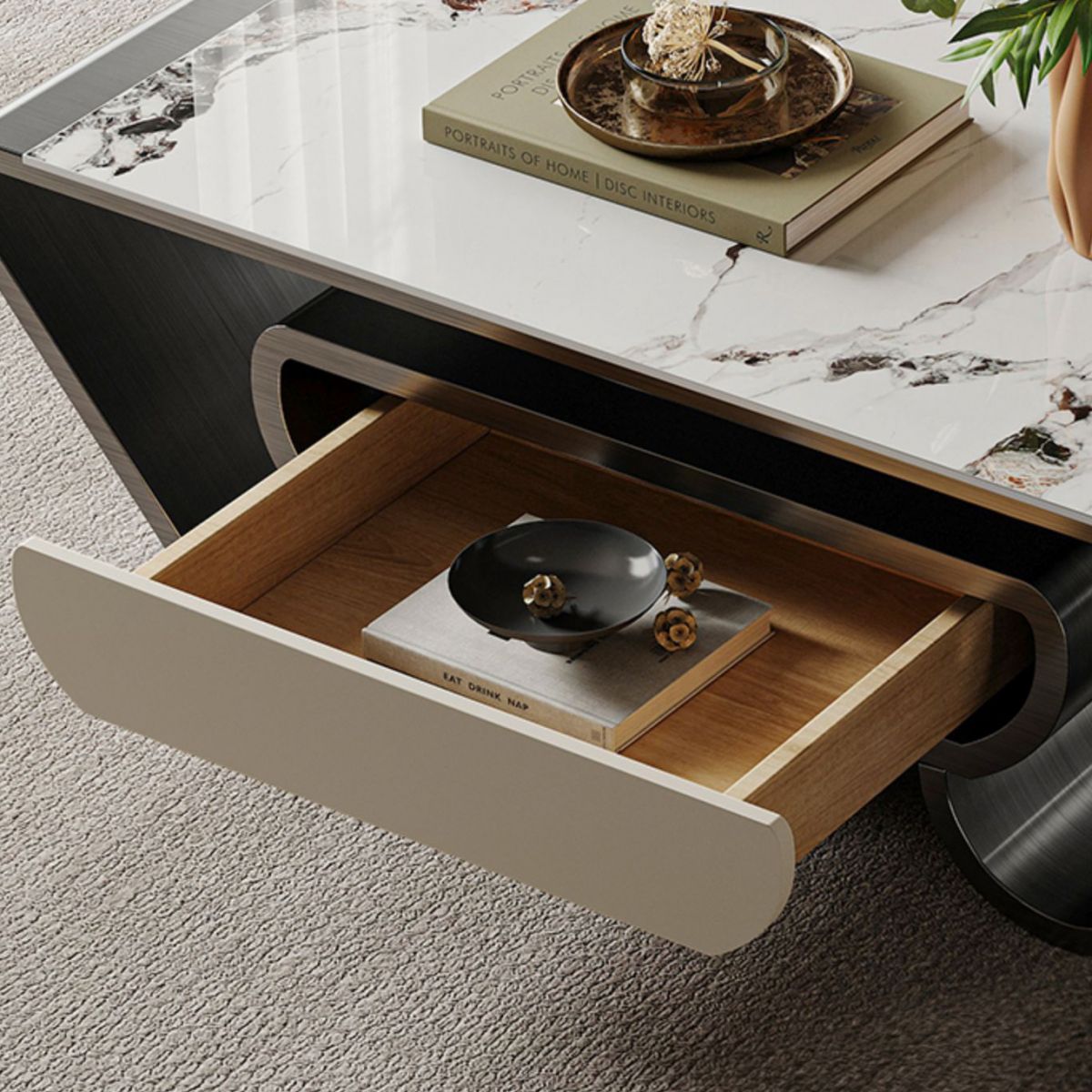 Slate Abstract Coffee Table Glam Rectangular Cocktail Table with Storage Drawer