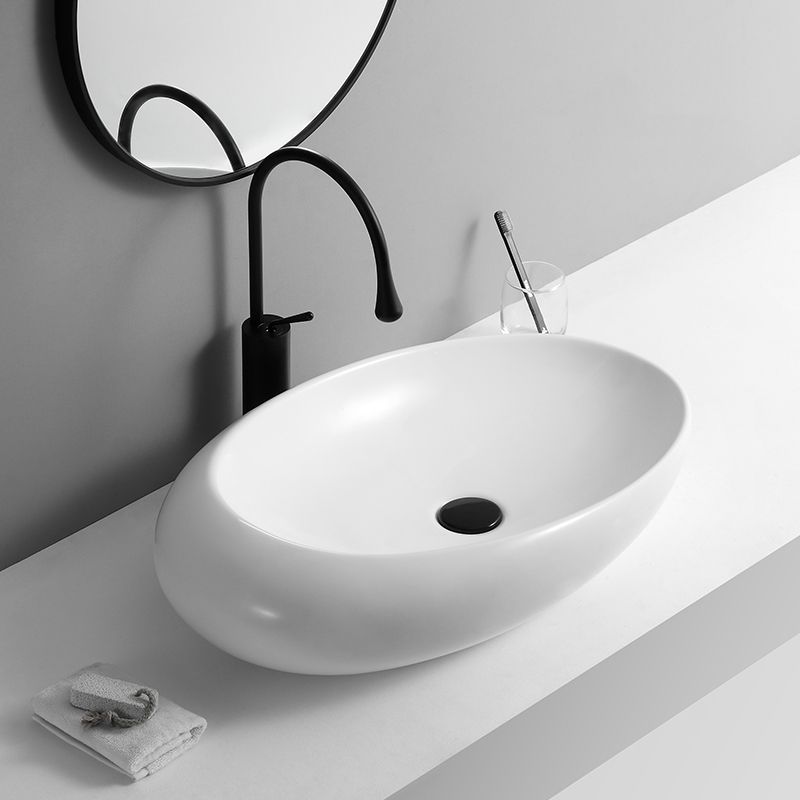 Contemporary Bathroom Sink with Pop-Up Drain Porcelain Oval-Shape Vessel Lavatory Sink