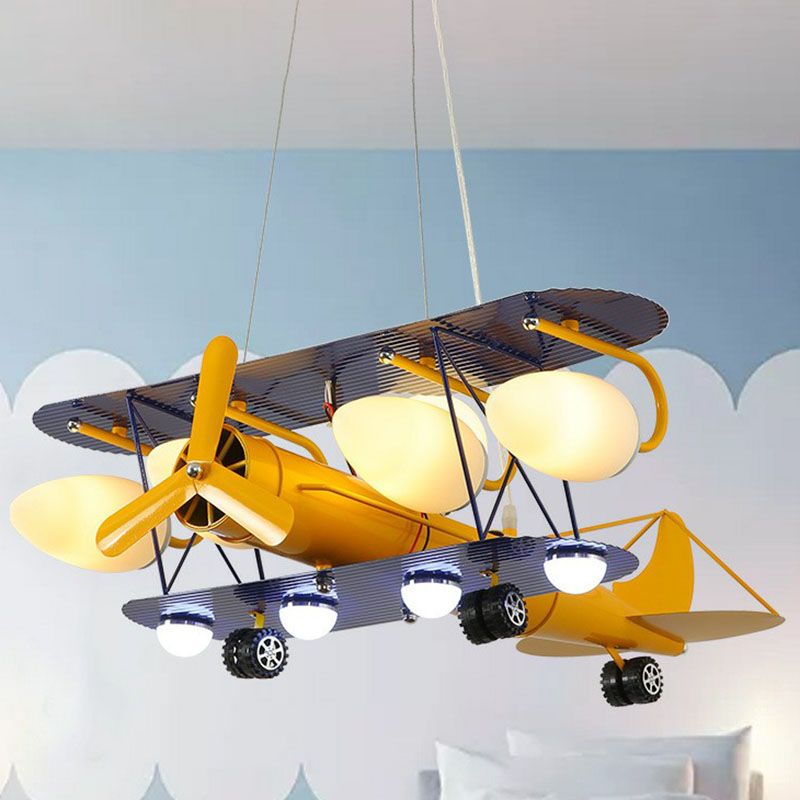Metallic Jet Plane Chandelier Lamp Cartoon Yellow LED Hanging Light for Kindergarten