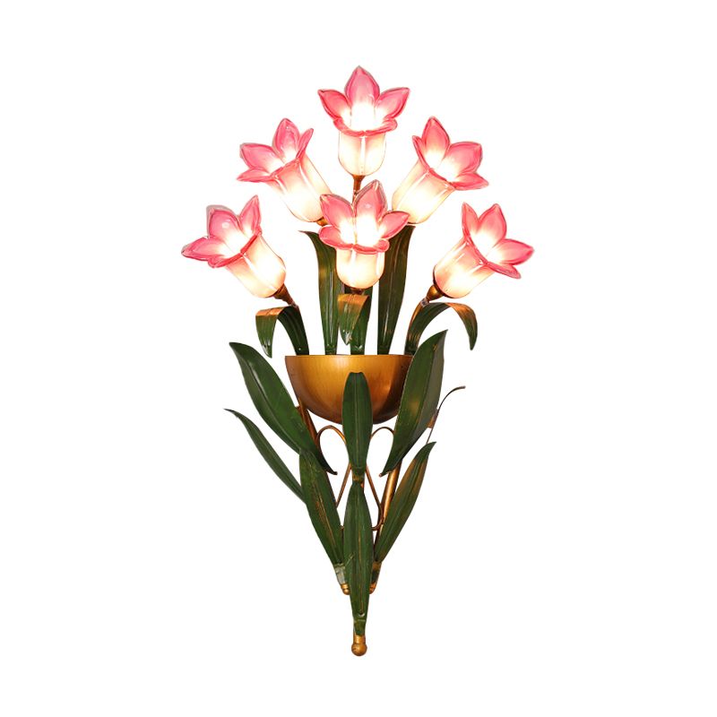 Green/Purple Glass Morning Glory Sconce 6/10 Lights Bedroom Wall Light Fixture with Leaf Deco