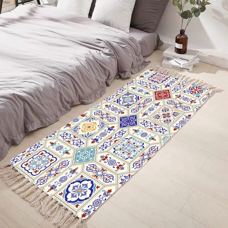 Beige Bohemian Rug Cotton Blended Graphic Rug Washable Rug for Bedroom