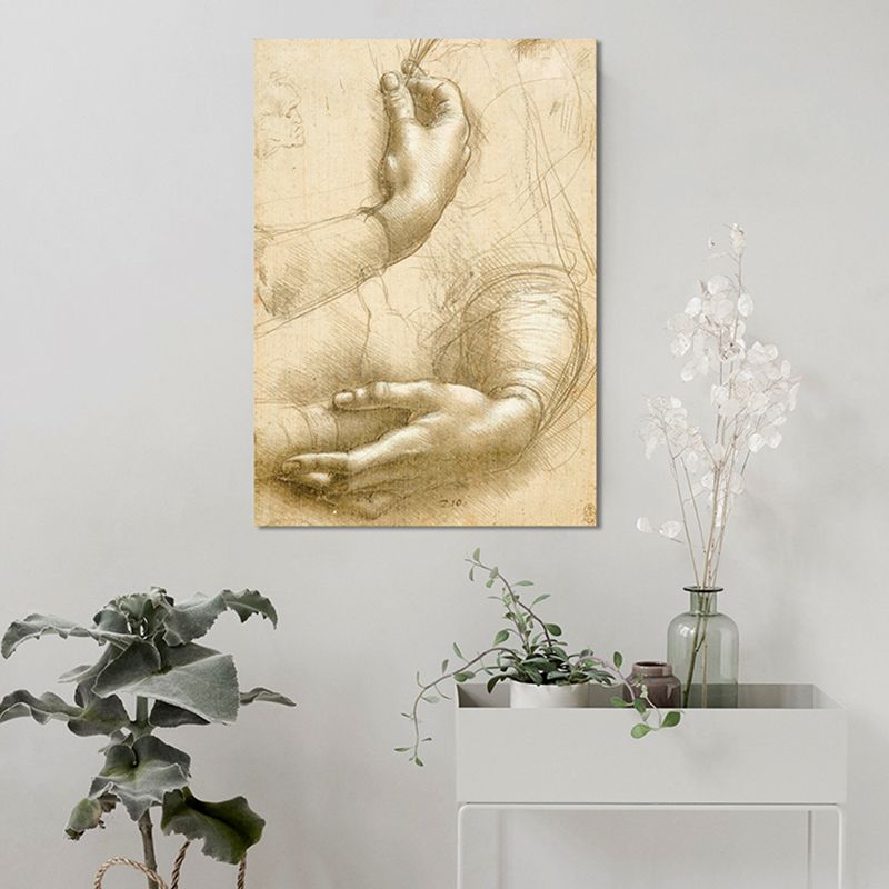Minimalism Style Human Hands Painting in Yellow Textured Canvas for Girls Bedroom