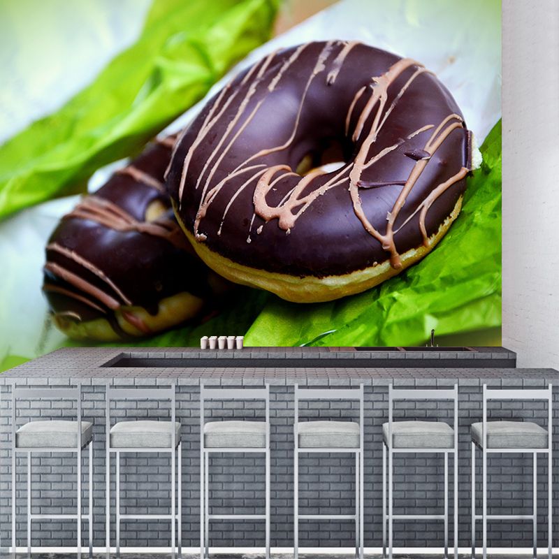 Tasty Dessert Mural Wallpaper with Donut Pattern Mildew Resistant Coffee Shop Wall Decor