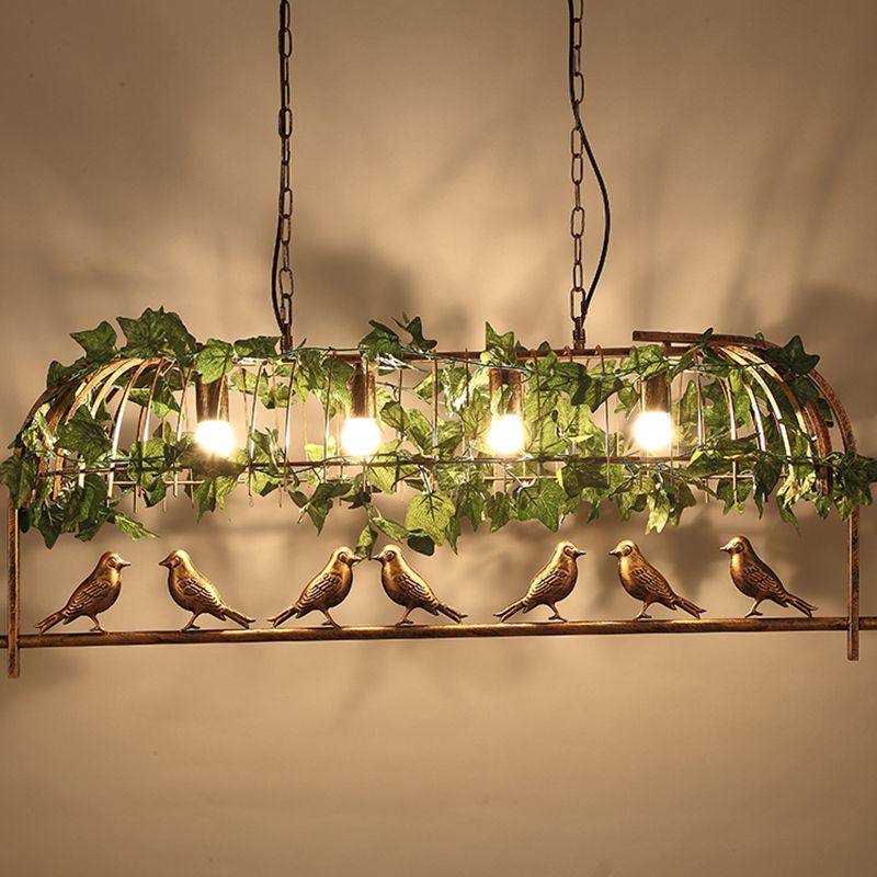 Bronze Birdcage Island Light Fixture Country Iron 4-Bulb Bar Suspension Light with Bird and Faux Ivy