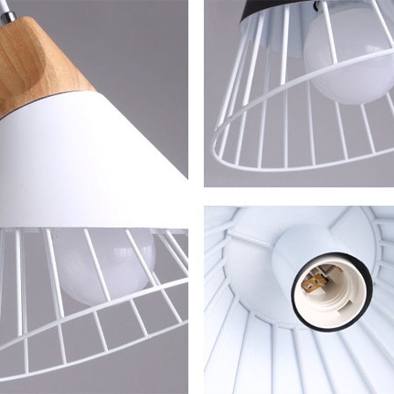 1 Light Macaroon Hanging Light Nordic Minimalist Solid Wood Bedroom Pendant Lamp with Iron Hollow Lampshade