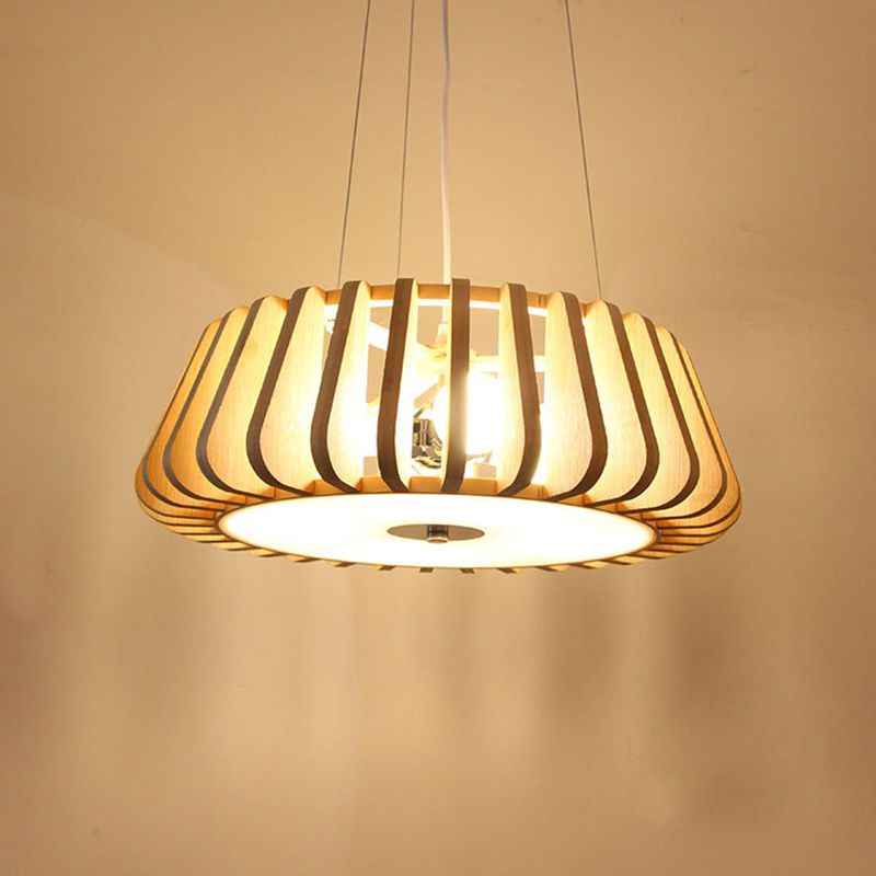Japanese Bamboo Pendant Light Fixture 1-Light Drum Beige Hanging Ceiling Light