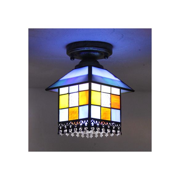 1 Head House Flush Verlichting Rustiek Lodge Style Glas Flush Mount Lamp in Black/Blue/Brass/Clear/Blue-Clear voor Foyer