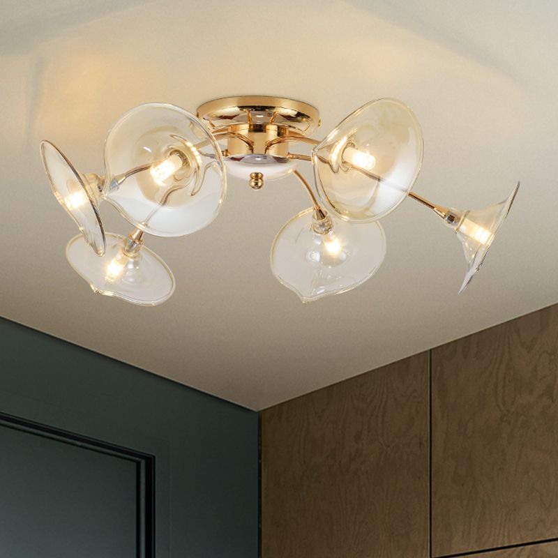 Gold Flared Semi Flush Light Fixture Post Modern 6-Bulb Green/Clear Glass Flush Mounted Lamp for Living Room