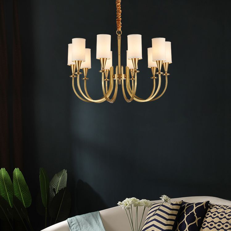 American Rustic Style Copper Criplelier Multi-Lights Cylindrical Fabric Shade Hanging Light in Gold