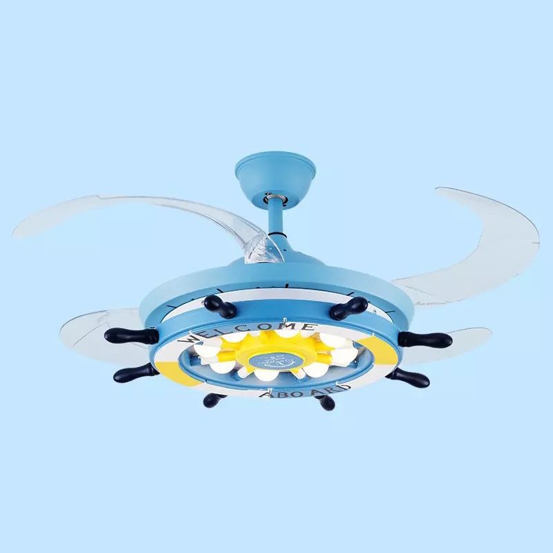 42" Cartoon Rudder Ceiling Fan Lamp Metallic Child Room LED Semi Flush Light