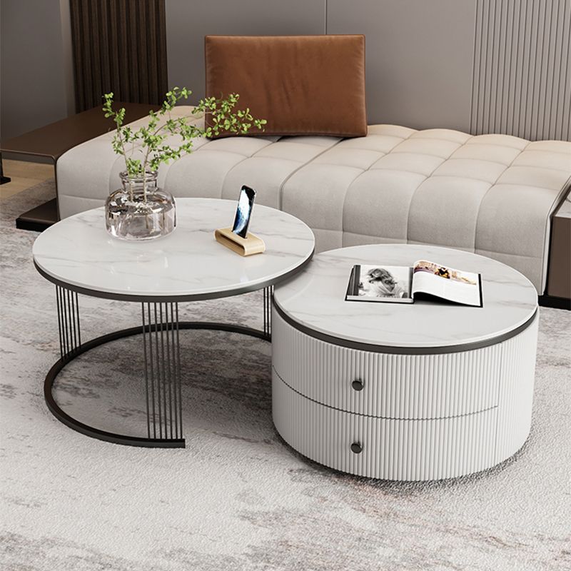Slate Round Coffee Table Frame Nesting Coffee Table Set for Living Room