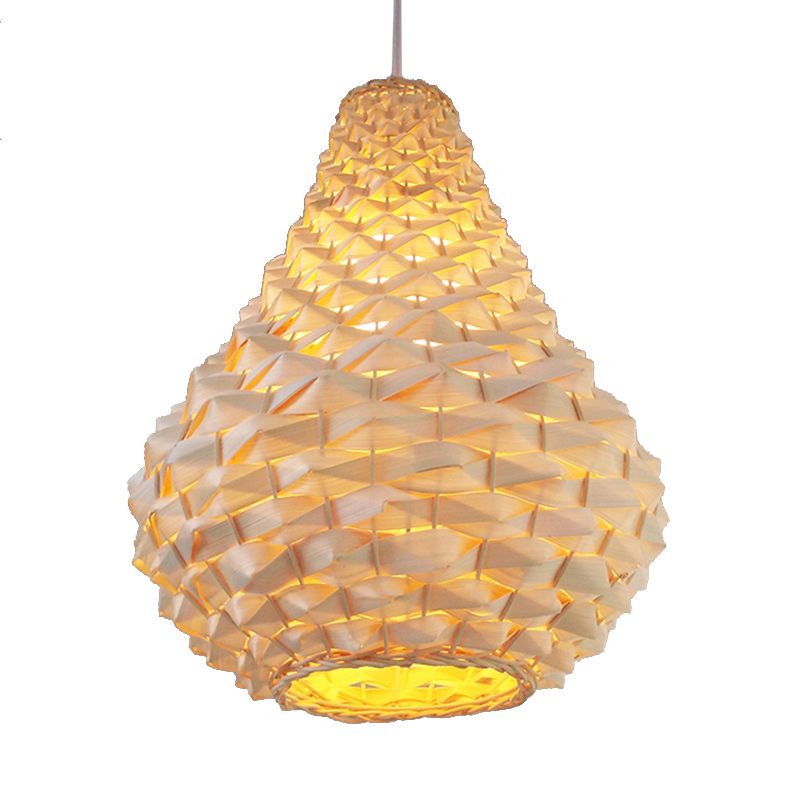 12"/14"/16" Wide Wood Teardrop/Globe/Dome Drop Light Chinese Single Bulb Beige Hanging Pendant for Dining Room