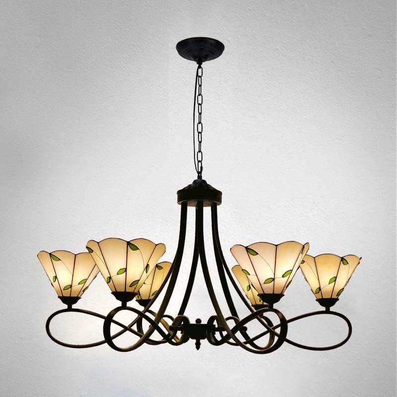 3/5 Lights Scalloped/Cone Hanging Chandelier Baroque White/Yellow/Beige Glass Suspension Lighting for Living Room with Curved Arm