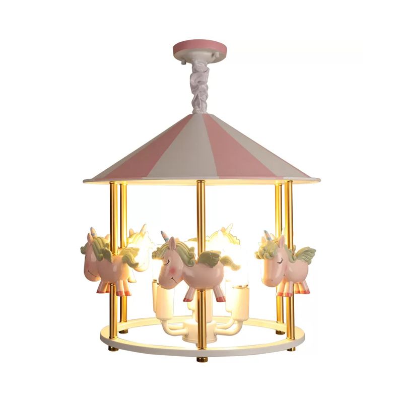 Resina unicornio carrusel lámpara colgante niños lámpara de araña colgante rosa/azul de 5 luces para habitación infantil