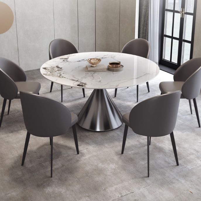 Modern Round White Stone Top Dining Table with Grey Pedestal