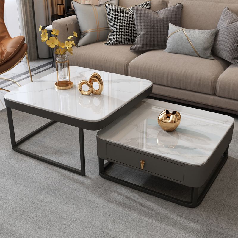 Coffee Table with a Framed Base and a Glass Top Made of Square Slate