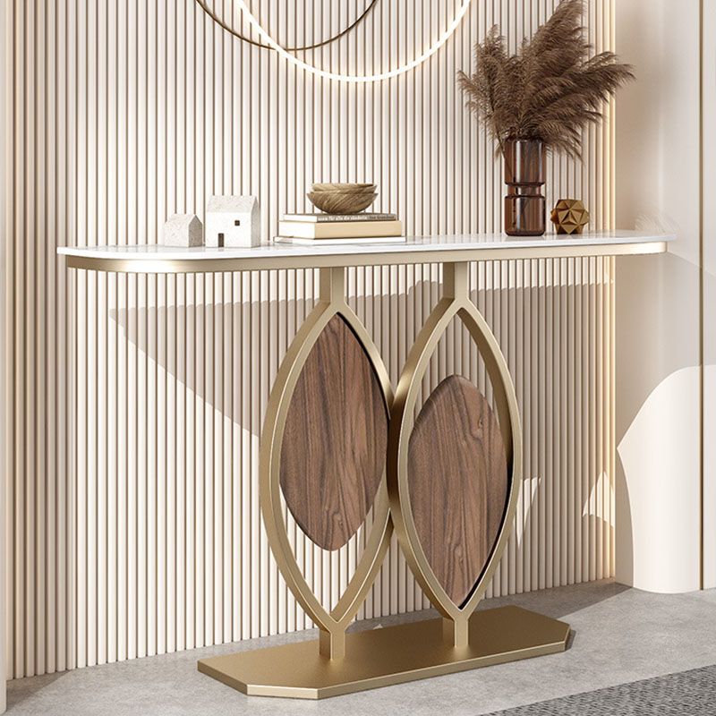 Glam Iron Console Sofa Table Half Moon Stone Console Accent Table for Hall