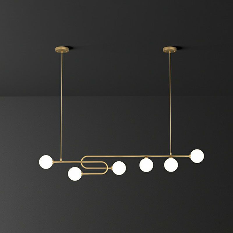 Minimalist U-Shaped Suspension Light Metal Dining Room Island Light with Ball Milky Glass Shade in Gold
