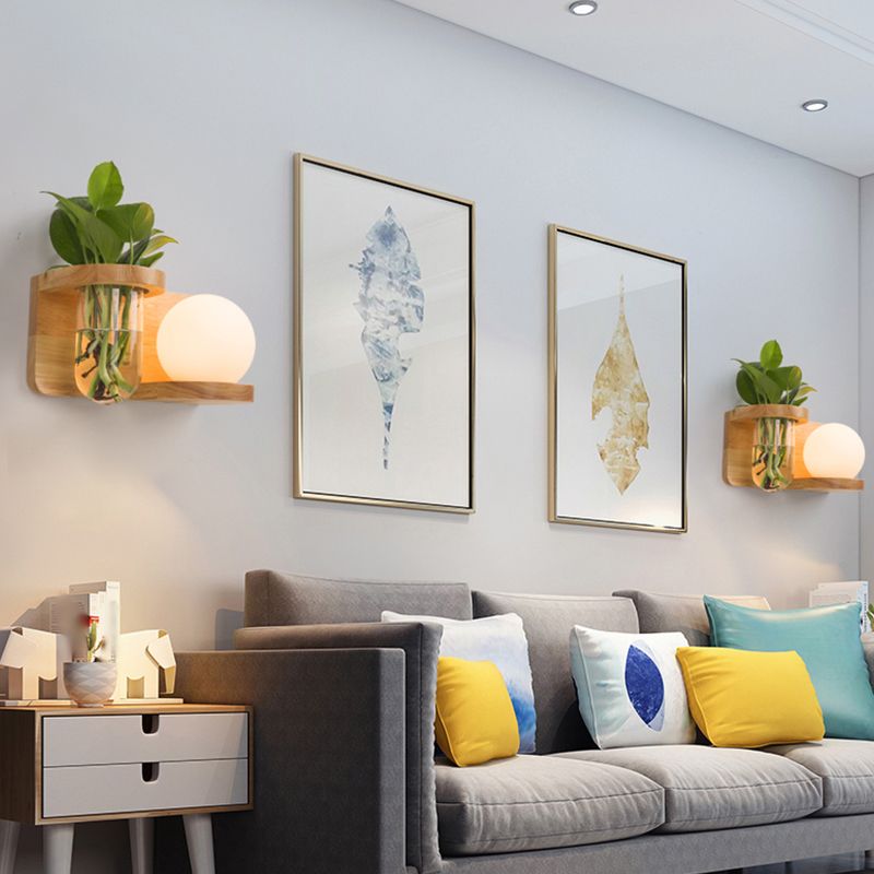 Creative Wooden Wall Light without Plants Modern Style Glass Shade Wall Light Fixture